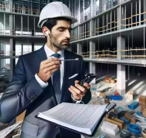 Professionnel immobilier en train de dicter avec un enregistreur numérique