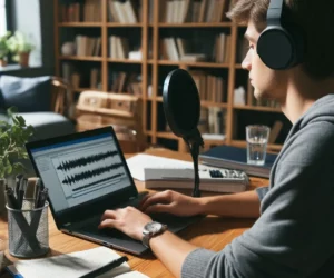 Étudiant transcrivant ses enregistrements vocaux