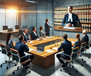 Équipe discutant de la gestion des dossiers juridiques d'une entreprise