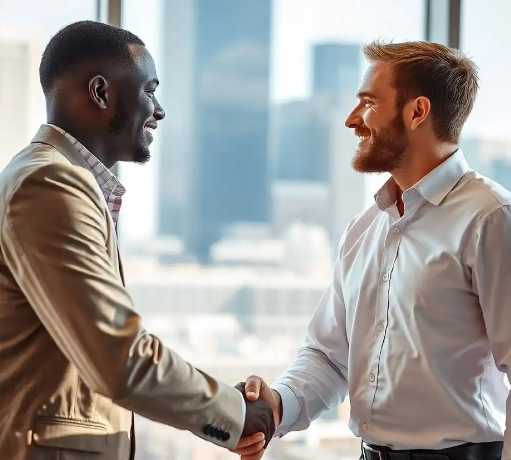 Deux professionnels réalisant un partenariat d'externalisation