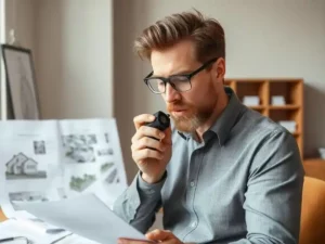 Expert immobilier dictant avec un enregistreur audio
