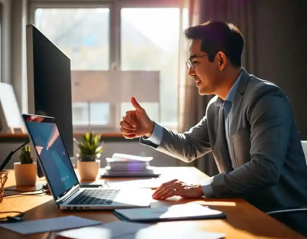 Professionnel en réunion virtuelle avec son prestataire à distance pour réussir à collaborer