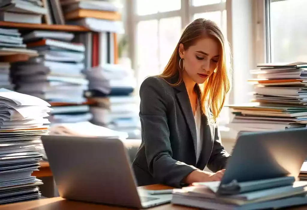 Professionnelle du droit avec beaucoup de dossiers à traiter